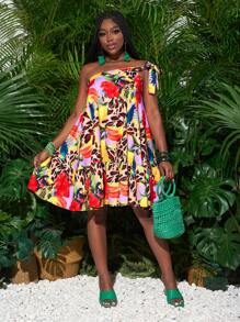 Slaydiva New Spring/Summer Casual Gradient Print One Shoulder Twist A-Line Short Dress - Multicolor - View 7