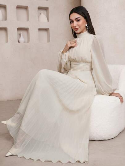 Veilorie Women's Solid Collar Sheer Lantern Sleeve Pleated Hem Elegant Arabian Dress