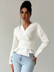 Firerie 女士优雅简约基本款 V 领不对称下摆收腰长袖白色衬衫，适合日常通勤，秋冬季 - 白色 - 查看 4