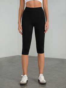 SHEIN Tall 女士针织休闲简约黑色高腰紧身七分打底裤 - 黑色 - 查看 3