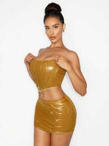 Zolique 春季亮片涂层网眼鱼骨图案吊带上衣和裙子女式两件套套装，性感装