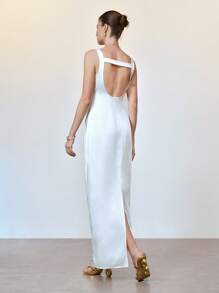Chiquease Elegante abito in satin setoso simile alla seta, scollo a V profondo e senza maniche, elegante e sensuale abito da festa primaverile/estivo per donna - Bianco - Visualizzare 2