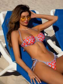 Swim Vcay Springbreak Women Multicolor Random Print Push-Up Side Tie Cute Bikini Set, Festival Boho For Summer Beach Vacation - Multicolor - View 1