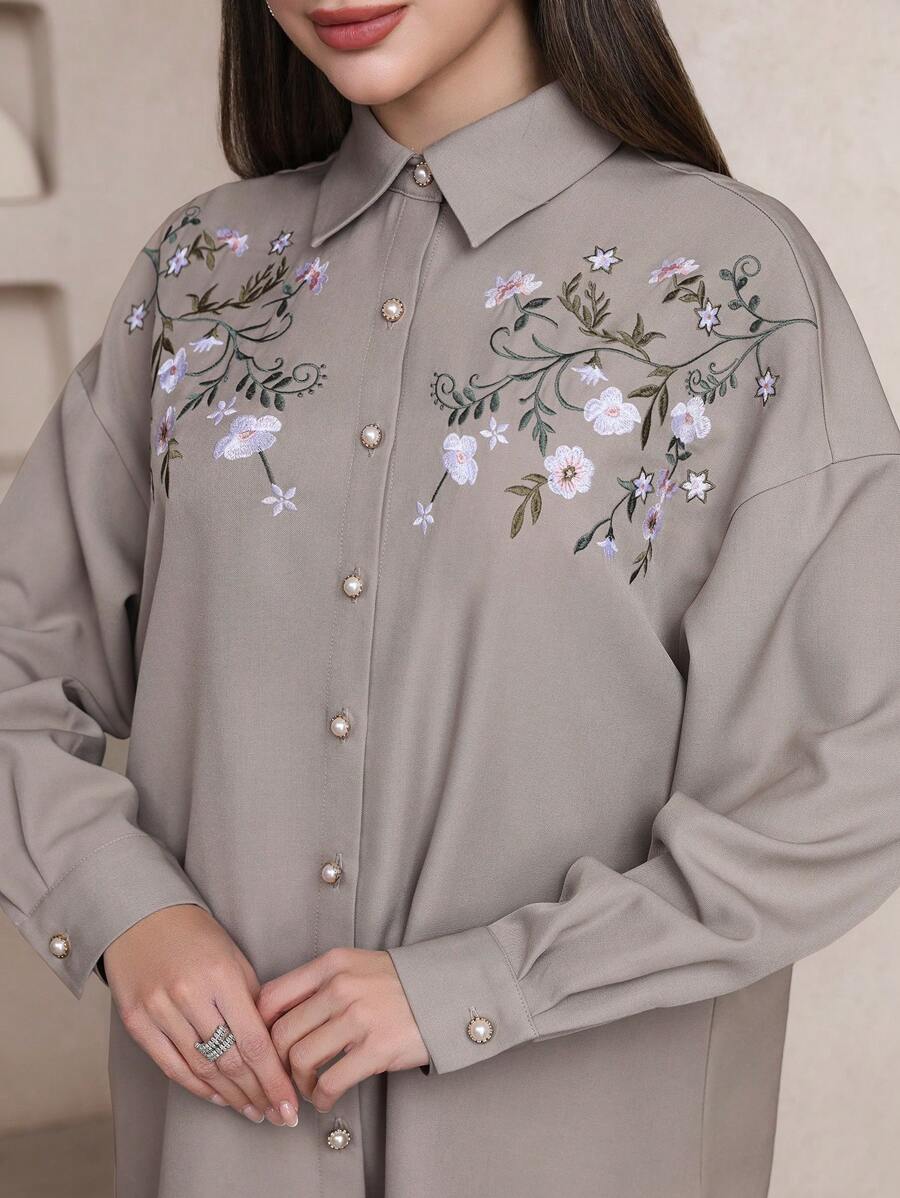 Al Najma Women's Flower Embroidered Arabian-Style Top,Modest - Grey - View 1