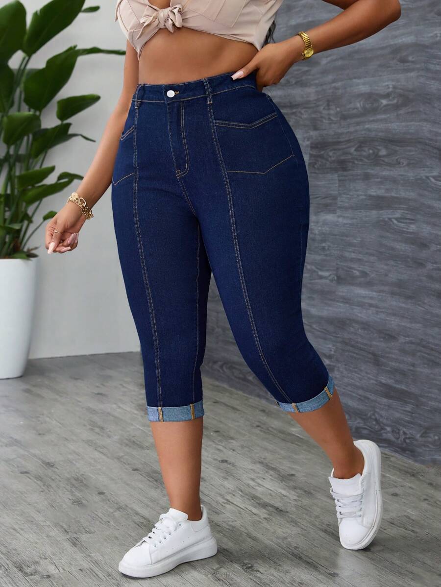 Slaydiva Plus Size Women Elastic Personalized Cuff Hem 3/4 Jeans - Blue - View 1