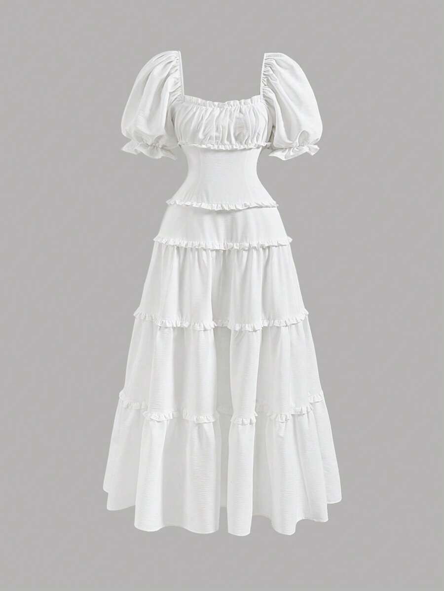 SHEIN MOD White Maxi Lace Ruffled Victorian Vintage Dress, Party Dress, Prom Dress, Vacation Outfits Woman,Summer Dress,Vacation Outfits Woman,Country Outfits,Boho Dress,Women's Holiday Dress - White - View 1