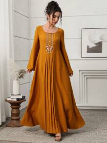 Yasmyna 刺绣彩色土耳其和阿拉伯风格女士长款束腰连衣裙，女士休闲连衣裙，端庄的卡夫坦