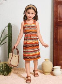 SHEIN 年轻女孩几何条纹方领紧身吊带裙