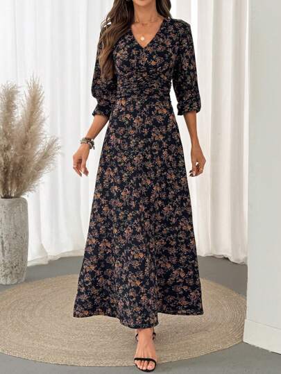 SHEIN LUNE 褶皱泡泡袖、收腰、荷叶边下摆 A 字形连衣裙，女士休闲度假优雅装