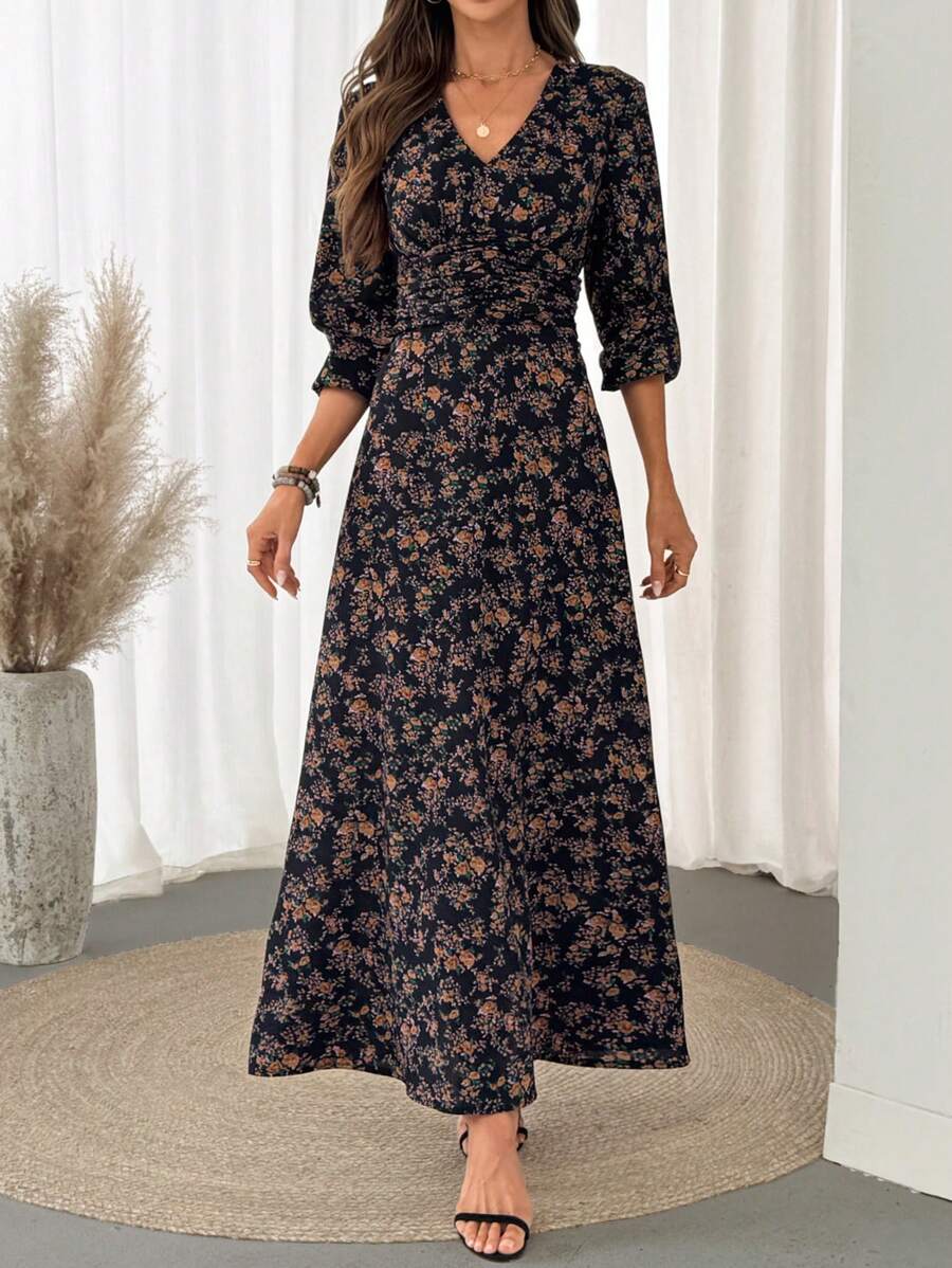 SHEIN LUNE Shirred Puff Sleeve, Cinched Waist, Ruffle Hem A-Line Dress, Casual Vacation Elegant Outfit For Ladies - Multicolor - View 1