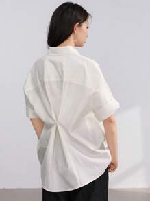 Dazy-Less 女士简约扭纹纽扣宽松休闲短袖衬衫商务休闲女装 - 白色 - 查看 5