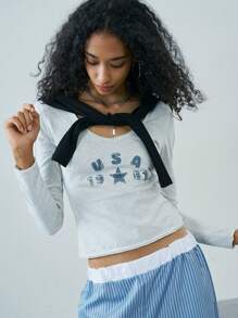 Easelle Spring/Summer Going Out Light Grey Letter & Number Print Embroidered Knit Fitted Women's T-Shirt