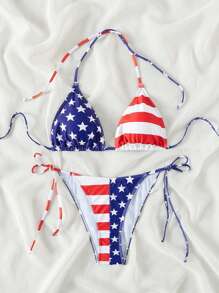 Swim Vcay Women 2pcs/Set Springbreak USA Flag Print Spaghetti Strap Summer Beachwear Bikini Set Outfits, 4th Of July - Multicolor - View 5