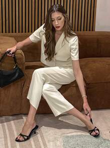 SHEIN PariChic 2 piezas Conjunto informal de mujer con diseño de fruncido y lazo en la cintura para ir y venir - Albaricoque - Ver 5