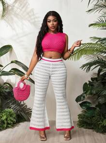 BamGleam Set de 2 piezas con top sin mangas y pantalones de pierna ancha para mujer, de punto suelto con cuello redondo, en color rosa rojo y blanco, para primavera y verano - Rosa Fucsia - Ver 1