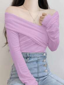 DAZY Plain Long Sleeve T-Shirt, Casual Simple Style For Everyday Wear,Fall Clothes Off Shoulder Top Cute Tops - Purple - View 5
