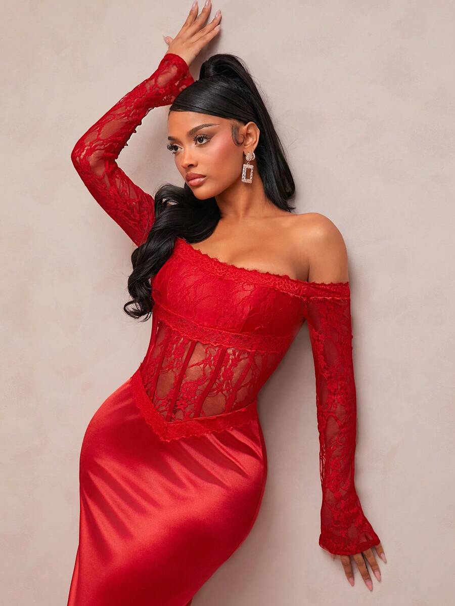 SHEIN SXY 节日服装情人节约会聚会鸡尾酒女士优雅红色缎面纯色蕾丝拼接露肩性感连衣裙 - 紅色 - 查看 1