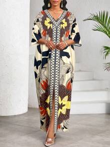 SHEIN Lady Women Floral Print V-Neck Short Sleeve Straight Casual Dress For Holiday Women Dresses Women Clothing Dresses Beach Wear For Women