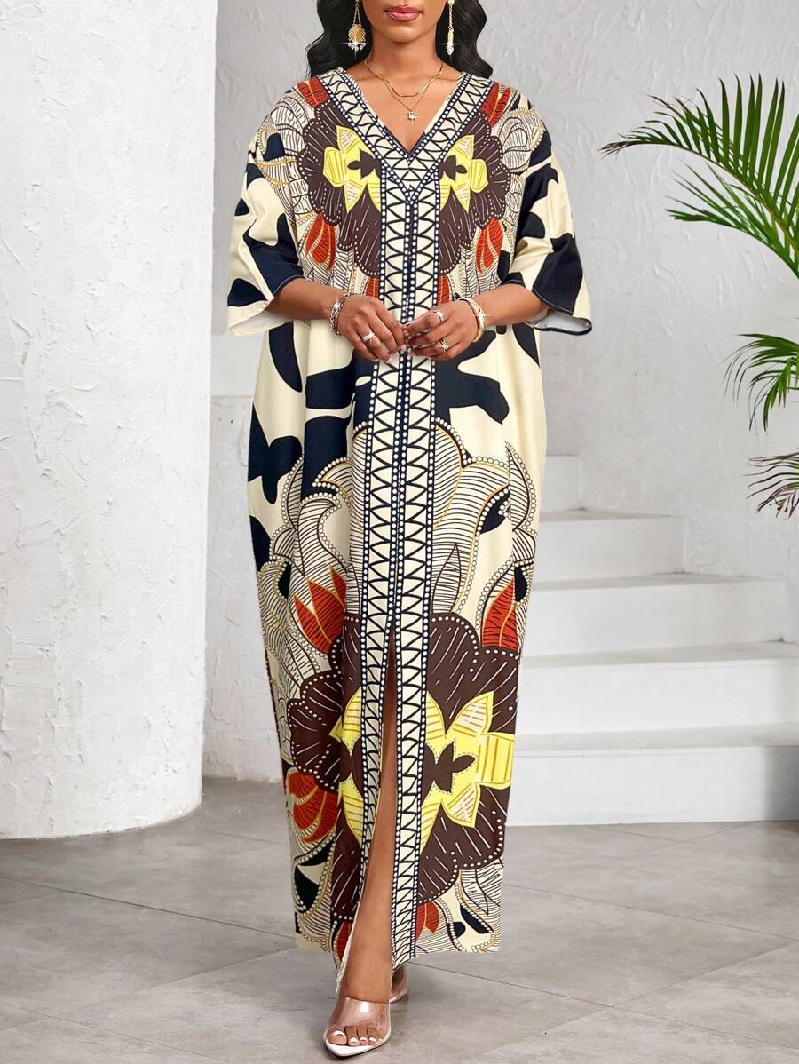 SHEIN Lady Women Floral Print V-Neck Short Sleeve Straight Casual Dress For Holiday Women Dresses Women Clothing Dresses Beach Wear For Women