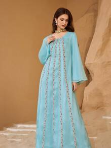 Al Najma Women's Romantic New Luxurious Modest Elegant Embellished Arabian Design Dress For Evening Party/Wedding Guest/Anniversary Luxury Dress For Women - Mint Green - View 3