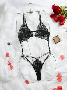 Metallic Lace Sheer Teddy Jumpsuit - Black - View 7