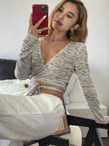 DAZY 女士花卉印花系腰短款上衣，轻薄，长袖，春夏学院风上衣 - 灰色 - 查看 5
