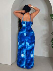 Veslaya Đầm bodycon xẻ tà dự tiệc in họa tiết xoắn thanh lịch & lãng mạn cỡ lớn cho nữ - Màu xanh lam - Xem 6