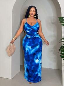 Veslaya Đầm bodycon xẻ tà dự tiệc in họa tiết xoắn thanh lịch & lãng mạn cỡ lớn cho nữ - Màu xanh lam - Xem 7