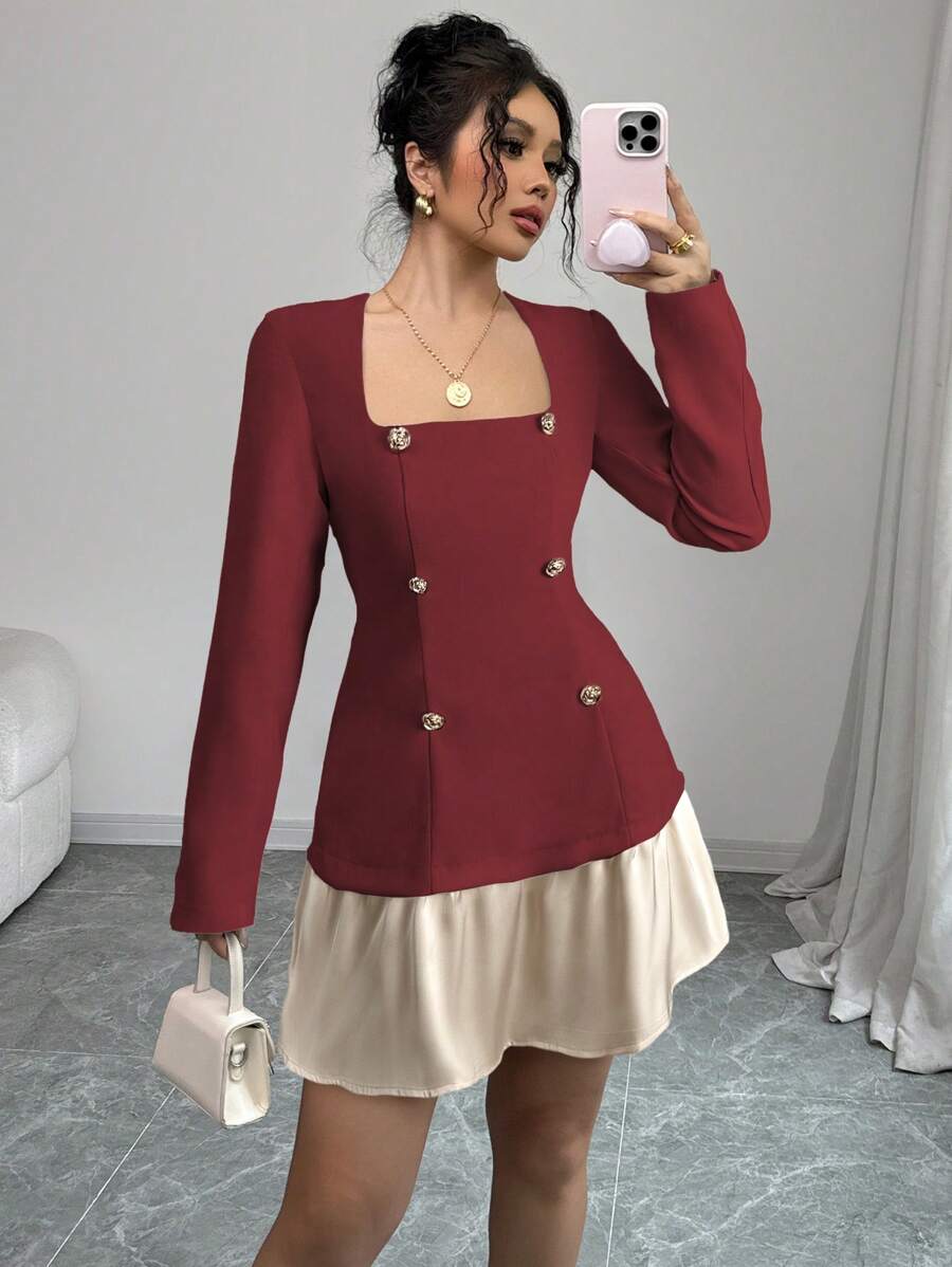 Elenzga Women Elegant Casual Commuter Square Neck Double-Breasted Contrast Color Ruffle Hem Short Sleeve Mini Dress Fall Cloth For Women - Red - View 1
