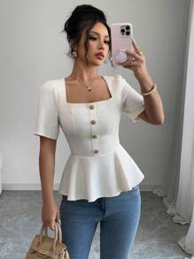 Elenzga Women's Swan Collar Button Design Short Sleeve Ruffled Hem Blouse - Apricot - View 5