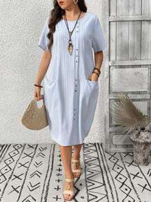 EMERY ROSE Plus Size Women Casual Striped Shift Dress, Suitable For Work And Commuting - Blue and White - View 8