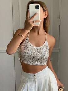 DAZY Vacation Spring And Summer Sequin Short Fitted Camisole Women's Cami Top Prom Dress,Halter Top Club Outfit