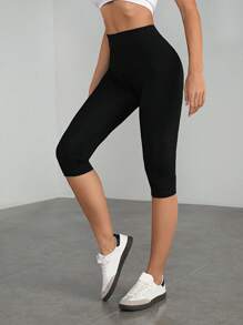 SHEIN Tall 女士针织休闲简约黑色高腰紧身七分打底裤 - 黑色 - 查看 5