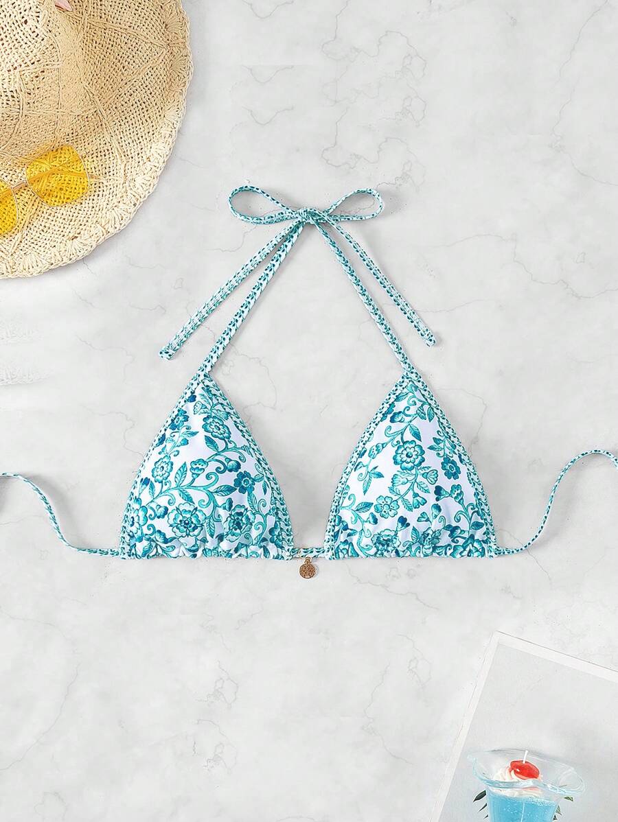 SHEIN Swim Vcay 花卉印花吊带比基尼上衣，女士夏季沙滩装 - 綠色 - 查看 1