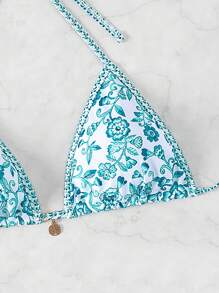 SHEIN Swim Vcay 花卉印花吊带比基尼上衣，女士夏季沙滩装 - 綠色 - 查看 4