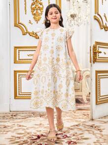 SHEIN Leap Crew 2pcs Set Tween Girls Loose Elegant Minimalist Round Neck Cap Sleeve Embroidered Fabric Dress With Fringed Jacket - White - View 7