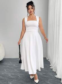 Modelyn 大码女式纯色褶饰长裙 - 白色 - 查看 4
