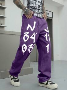 Manfinity EMRG Loose Fit Men's Cotton Letter Graphic Straight Leg Jeans - Purple - View 5
