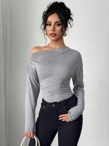 Áo nữ tay dài dáng suông tối giản, thích hợp mặc hàng ngày. - Xám - Xem 3