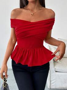 Chiquease Women Off Shoulder Solid Minimalist Crisscross Hem Ruffle T-Shirt - Red - View 5