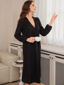 Women's Casual Pleated Hem Drawstring Long Sleeve Robe - Black - View 5