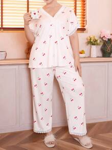 Cherry Print Single Button Splice Lace Drop Shoulder Plus Size Women Pajama Set - Beige - View 5