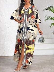 SHEIN Lady Women Floral Print V-Neck Short Sleeve Straight Casual Dress For Holiday Women Dresses Women Clothing Dresses Beach Wear For Women