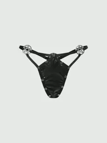 ROMWE Dark Gothic Rock Punk Rivet Star Shiny PU Wireless Lingerie Set - Black - View 4