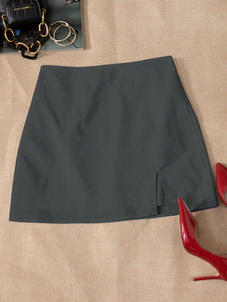 Elamini Váy mini thường ngày xẻ tà màu trơn cho nữ - Xám - Xem 1