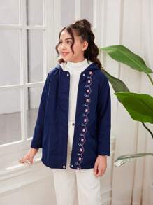 SHEIN Giacca con cappuccio a maniche lunghe con stampa semplice per ragazze pre-adolescenti