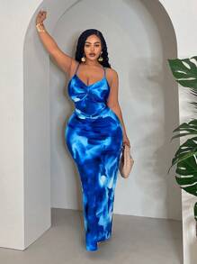 Veslaya Đầm bodycon xẻ tà dự tiệc in họa tiết xoắn thanh lịch & lãng mạn cỡ lớn cho nữ - Màu xanh lam - Xem 4