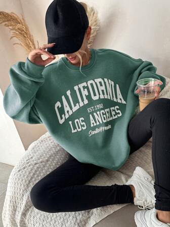 Cotton Letter Print Drop Shoulder Sweatshirt