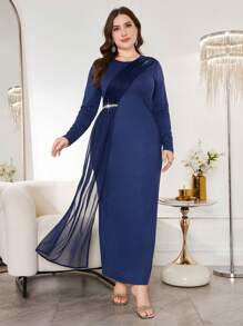 Modelyn Plus Size Elegant Ruffle Rhinestone Decor Long Dress Fall Cloth For Women - Navy Blue - View 4