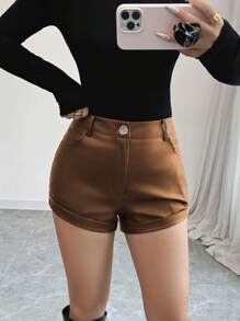 SHEIN Unity Burgundy Regular Length Cuffed Women's Shorts, New Autumn Collection - Brown - View 6